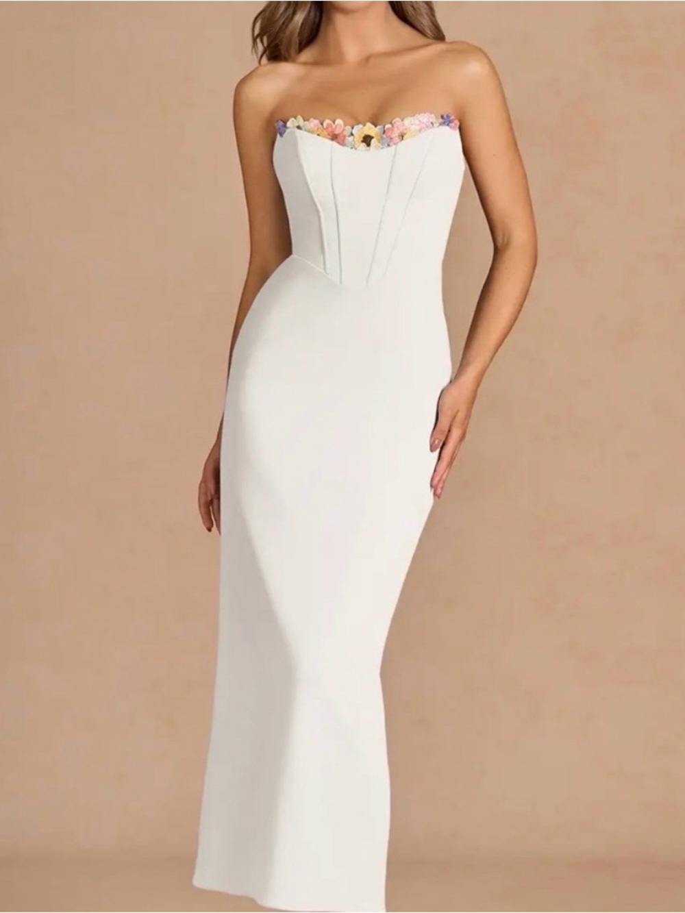 Azazie Strapless White Column Dress with Multicolor Floral Trim